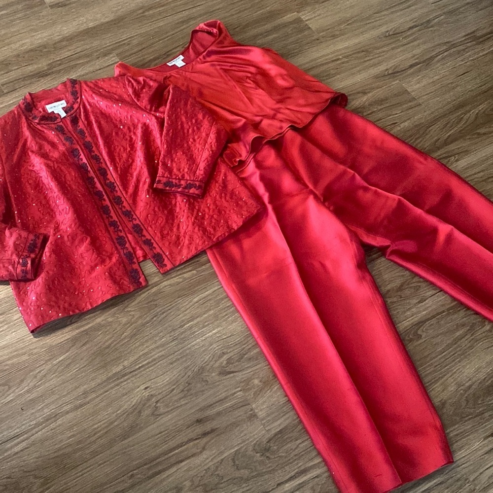Bloomingdale's Red Embellished Jacket & Red Satin Top with Matching Red Pants